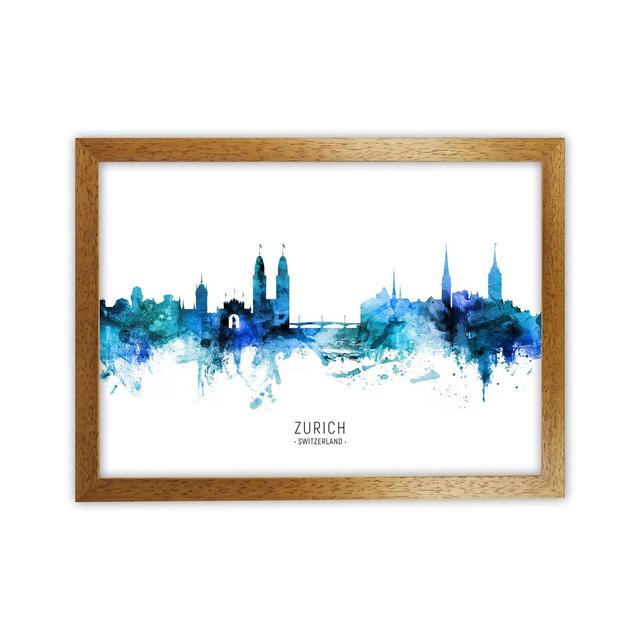 Zurich Switzerland Skyline Blue City Name by Michael Tompsett - Print Ebern Designs Size: 25cm H x 34cm W x 3cm D, Format: Oak Framed on Productcaster.