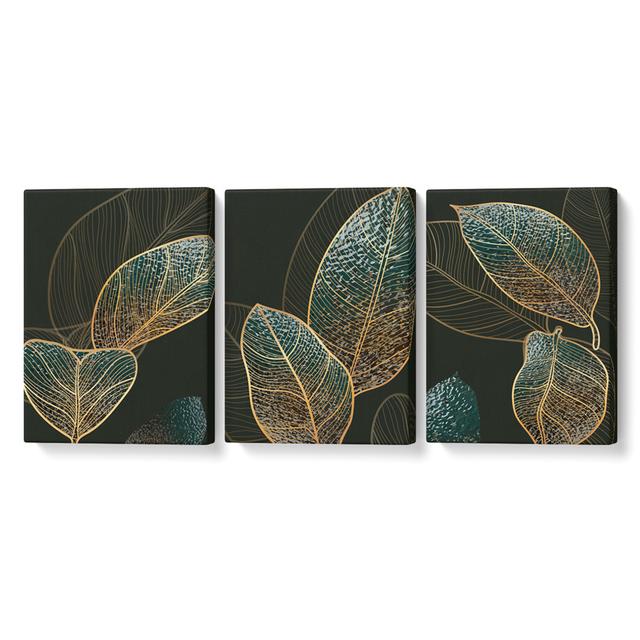 Gold and Green Leaves - 3 Piece Wrapped Canvas Art Prints Set Rosalind Wheeler Size: 122cm H x 244cm W x 10cm D on Productcaster.