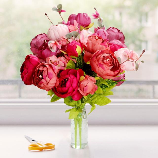 TRIXES Silk Peony Bouquet - 13 Blooms Plus Foliage - Pinks and Reds - Quality Artificial Flowers The Seasonal Aisle on Productcaster.