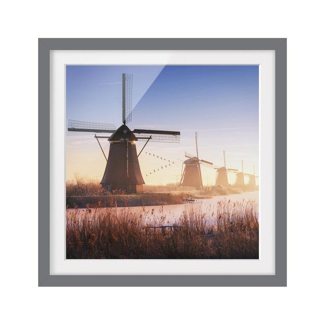 Windmills of Kinderdijk - Picture Frame Graphic Art Print on Paper East Urban Home Rahmenoptionen: Matt grey, Size: 50cm H x 50cm W on Productcaster.