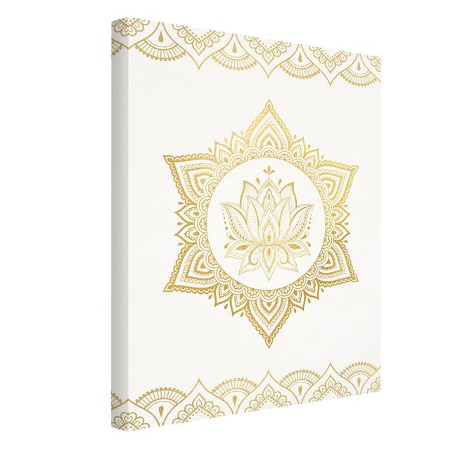 Mandala Lotus Illustration Ornament White Gold - Wrapped Canvas Painting Bloomsbury Market Size: 80cm H x 60cm W on Productcaster.