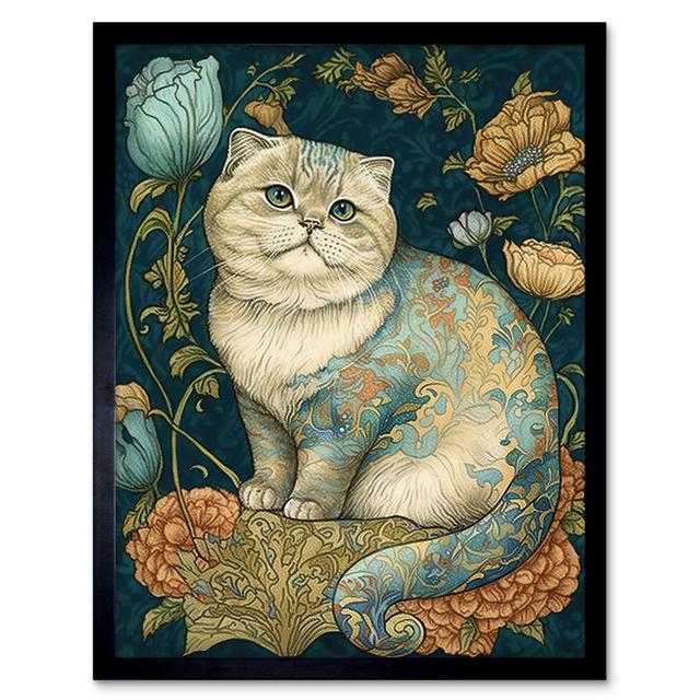 William Morris Inspired Cute Cat with Floral Pattern Fur and Flowers Colourful Modern - Single Picture Frame Art Prints Marlow Home Co. on Productcaster.