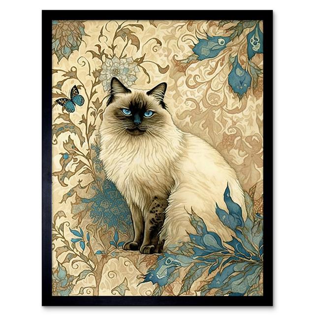 Blue Point Ragdoll Cat With Teal Plants Nouveau Watercolour - Single Picture Frame Print Marlow Home Co. on Productcaster.