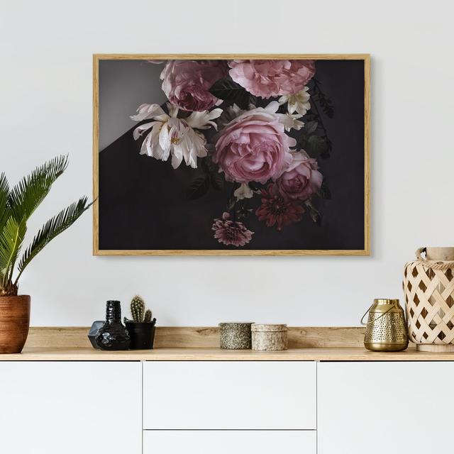 Pink Flowers on Black - Picture Frame Graphic Art Rosdorf Park Size: 70cm H x 100cm W x 2cm D, Format: Brown Framed, Matte Colour: No Matte on Productcaster.