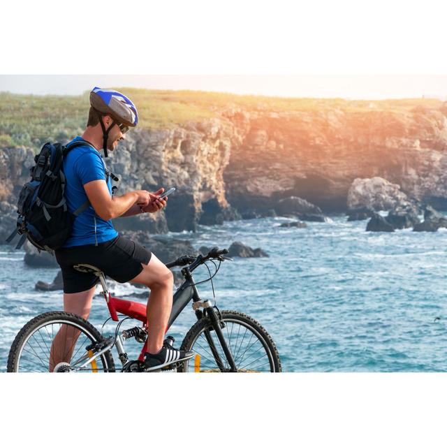 Mountainbiker Using Smart Phone On Rock by Valentinrussanov - Print Alpen Home Size: 81cm H x 122cm W on Productcaster.