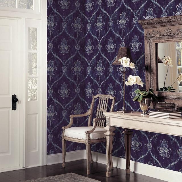 Vintage Effect Damask Wallpaper, 10M X 52.8Cm, Red/Gold Fleur De Lis Living Colour: Blue/White on Productcaster.