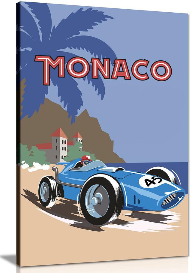 Monaco F1 Blue Vintage Transport Grand Prix Automobile Race Canvas Happy Larry Size: 76cm H x 51cm W on Productcaster.