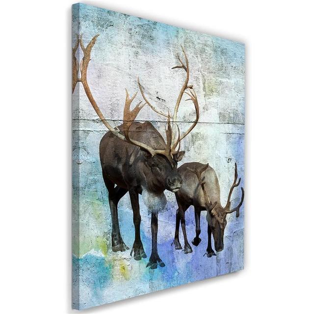 Canvas print, Deer and reindeer in winter Union Rustic Size: 120cm H x 80cm W x 2cm D on Productcaster.