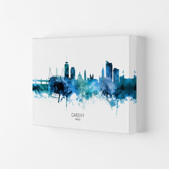 Cardiff Wales Skyline Blue City Name by Michael Tompsett - Graphic Art Ebern Designs Size: 29.7cm H x 42cm W x 4cm D, Format: Wrapped Canvas on Productcaster.