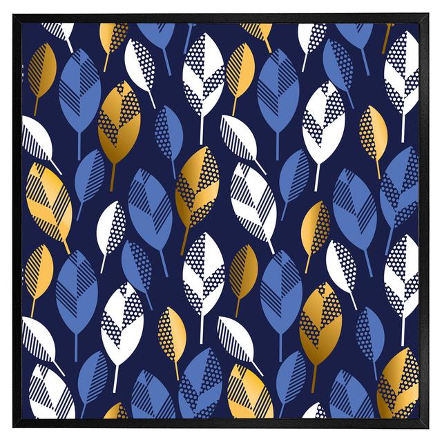 Worchester White, Blue & Gold Leaves On Navy - Single Picture Frame Print Latitude Run Size: 61cm H x 61cm W x 4cm D, Frame Colour: Black Framed on Productcaster.