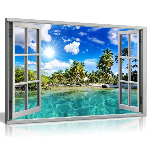 Caribbean Beach Holiday 3D Window Effect Canvas Wall Art Picture Print Highland Dunes Size: 51cm H x 76cm W on Productcaster.