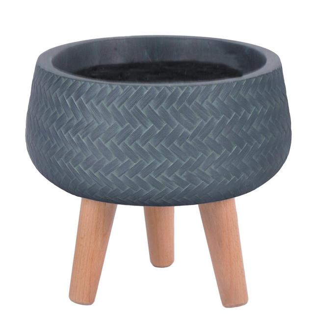 Concrete Effect Bowl Planter on Hardwood Legs, Round Indoor Plant Pot Stand for Indoor Plants, Shallow Planter with Plaited Pattern HORTICO Colour: Gr on Productcaster.