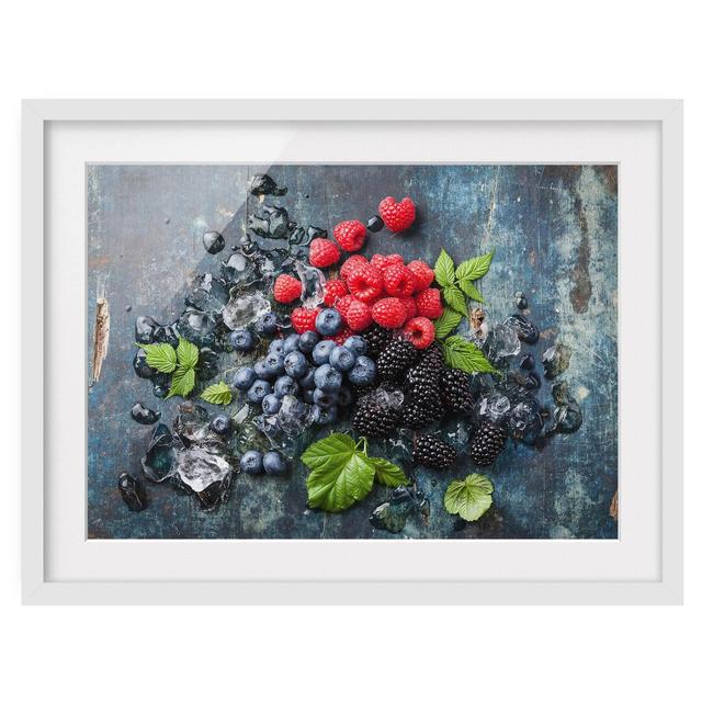 Mixed Berries with Ice Cubes - Picture Frame Photograph Print on Paper East Urban Home Frame Options: Matt white, Size: 70cm H x 100cm W on Productcaster.