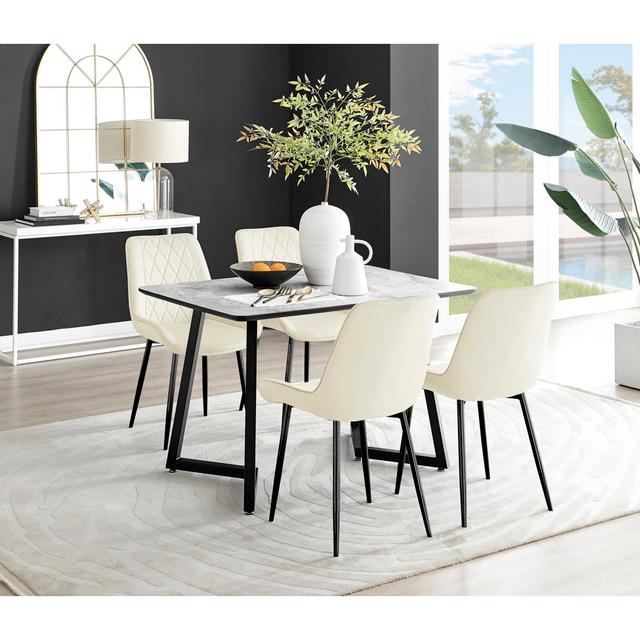 Industrial Design Grey & White Marble Effect Melamine Dining Table Set with 4 Luxury Velvet Chairs Canora Grey Colour (Chair): Cream/Black on Productcaster.