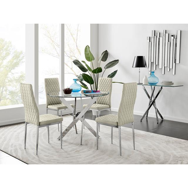 Tierra Modern Glass and Chrome Metal 4 Seat Dining Table Set - Luxury Velvet Dining Chairs Furniture Box Table Base Colour: Gold, Chair Colour: Navy/B on Productcaster.