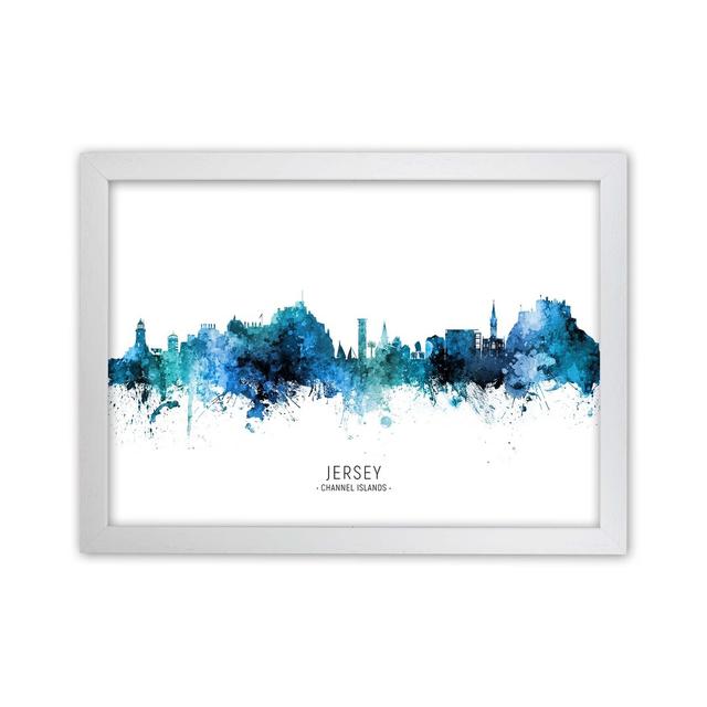 Jersey Channel Islands Skyline Blue City Name by Michael Tompsett - Print Ebern Designs Format: White Framed, Size: 25cm H x 34cm W x 3cm D on Productcaster.