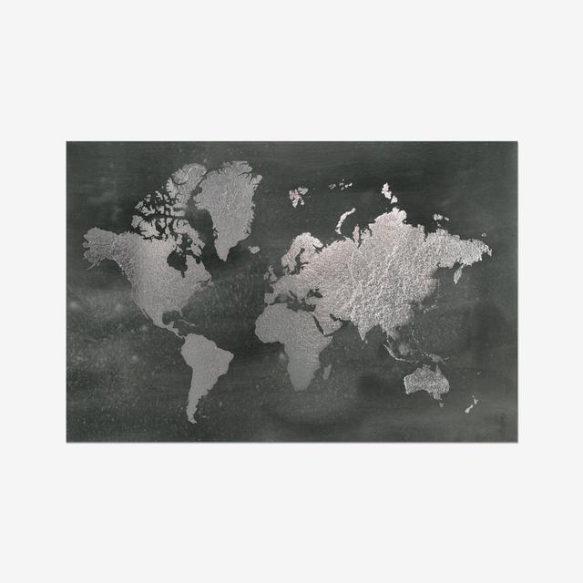 Large Silver World Map on Black Wash by Jennifer Goldberger - Wrapped Canvas Painting Print Etta Avenue Format: Wrapped Canvas, Size: 61cm H x 91cm W on Productcaster.