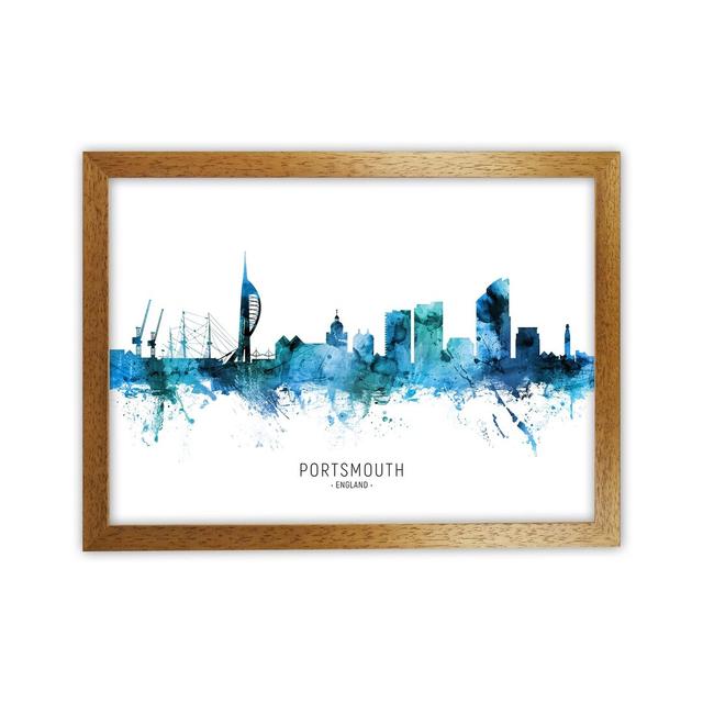 Portsmouth England Skyline Blue City Name by Michael Tompsett - Graphic Art Ebern Designs Size: 34cm H x 46cm W x 3cm D, Format: Oak Framed on Productcaster.