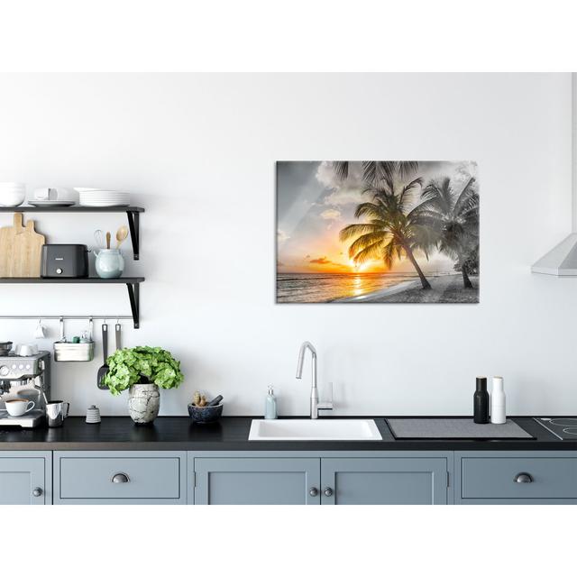 Glass picture | Mural on real glass Palm Trees at Sunset in Barbados Black / White | Incl. Suspension and spacers LFy18198 Bay Isle Home Size: 70cm H on Productcaster.