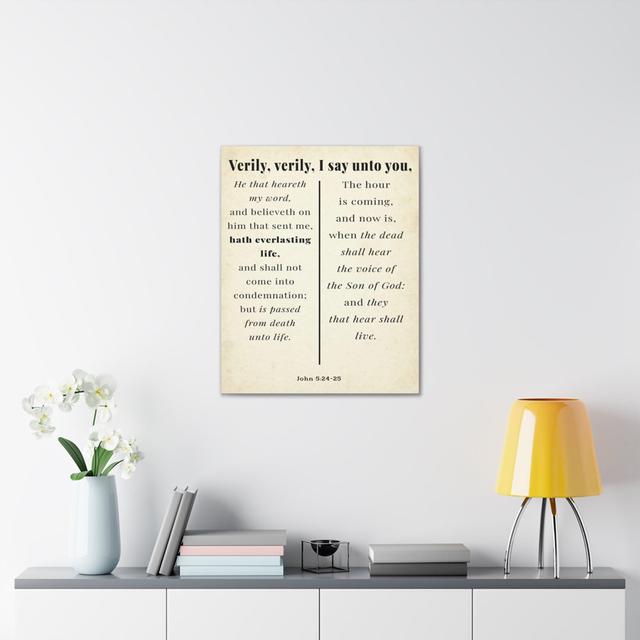 Scripture Walls John 5:24-25 Regeneration And Eternal Life Bible Verse Canvas Christian Fleur De Lis Living Size: 61cm H x 45.7cm W on Productcaster.