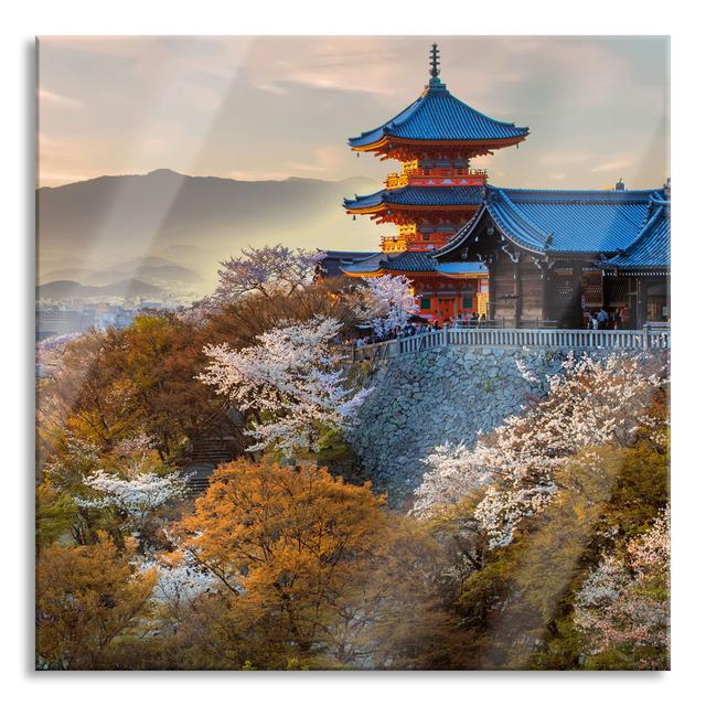 Japanese Temple In Front Of A Foggy City - No Frame Print on Glass Ebern Designs Size: 80cm H x 80cm W x 0.4cm D on Productcaster.