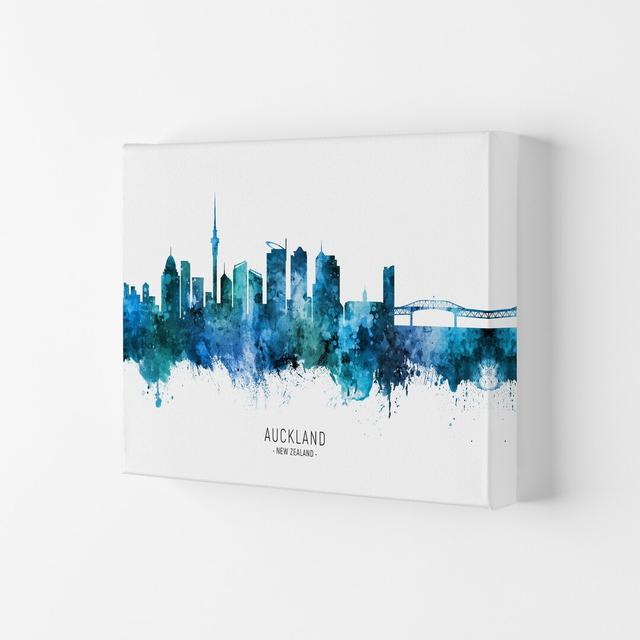 Auckland New Zealand Skyline Blue City Name by Michael Tompsett - Graphic Art Ebern Designs Format: Wrapped Canvas, Size: 21cm H x 29.7cm W x 4cm D on Productcaster.