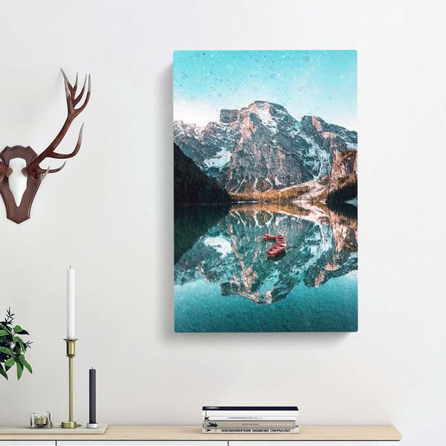 Boats in Lago di Braies Italy in Abstract - Wrapped Canvas Painting Print East Urban Home Size: 76cm H x 50cm W x 3cm D on Productcaster.