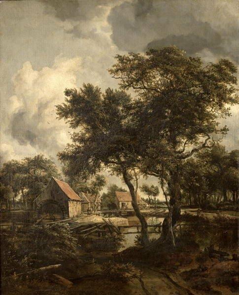 The Watermill C.1660 by Meindert Hobbema - Art Print on Canvas East Urban Home Size: 100cm H x 70cm W x 0.2cm D, Format: Unframed Paper on Productcaster.