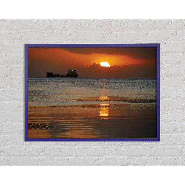 Ocean Ship Sun Glow Framed Print House of Hampton Size: 59.7cm H x 84.1cm W x 2cm D, Format: Purple Framed Paper on Productcaster.