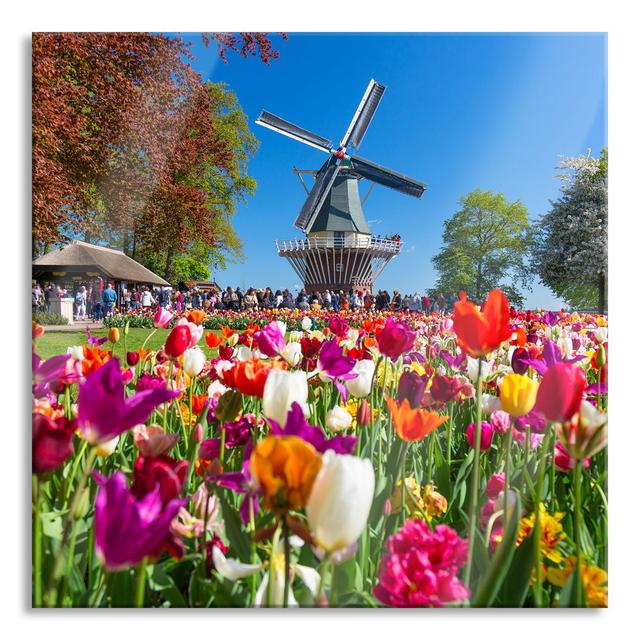 Dutch Sea of Tulips in Front of a Windmill - Unframed Photograph on Glass August Grove Size: 70cm H x 70cm W x 0.4cm D on Productcaster.