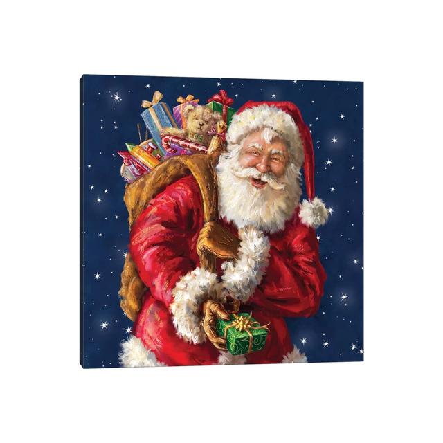 Santa Winking with Sack by Marcello Corti - Graphic Art Print on Canvas The Seasonal Aisle Format: Wrapped Canvas, Size: 93.98cm H x 93.98cm W x 1.91c on Productcaster.