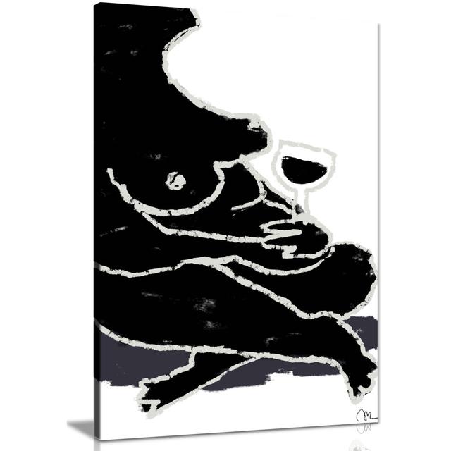 Panther Print Fine Art Prints Black & White Nude Woman With Wine Glass Abstract Illustration Artistic Framed Canvas Print, Pictures For Bedroom, Livin on Productcaster.