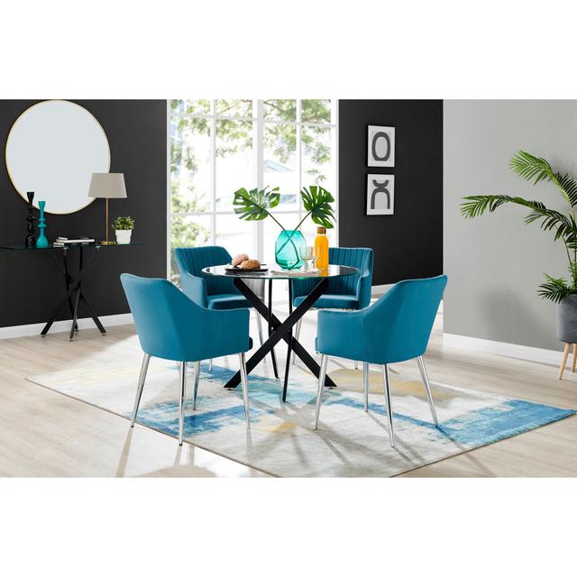 Tierra Modern Chrome Metal & Glass Round Dining Table Set with 4 Luxury Button Velvet Chairs Furniture Box Chair Colour: Blue/Silver, Size: H75 x L100 on Productcaster.