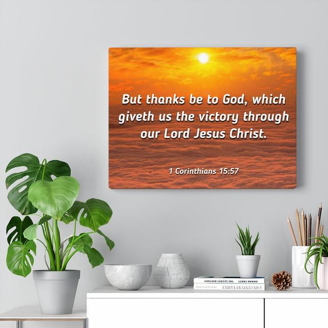 The Victory 1 Corinthians 15:57 - Wrapped Canvas Typography Blue Elephant Size: 46cm H x 61cm W on Productcaster.