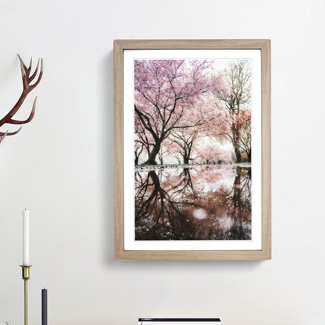 Reflection Of The Pink Blossom Trees Painting - Print East Urban Home Frame Option: Oak Framed, Size: 45cm H x 33cm W x 2cm D on Productcaster.