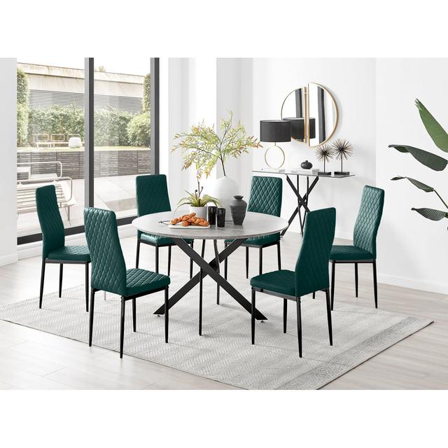 Tierra Modern Chrome Metal & Glass Round Dining Table Set with 6 Quilted Velvet Chairs Canora Grey Table Base Colour: Black, Chair Colour: Green/Black on Productcaster.