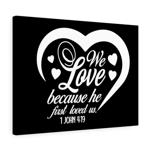 We Love 1 John 4:19 - Wrapped Canvas Typography Blue Elephant Size: 28cm H x 36cm W on Productcaster.