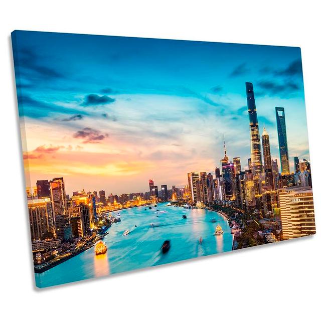 Shanghai City Skyline Sunset Framed - Wrapped Canvas Art Prints Ebern Designs Size: 81.3cm H x 121.9cm W x 4cm D on Productcaster.