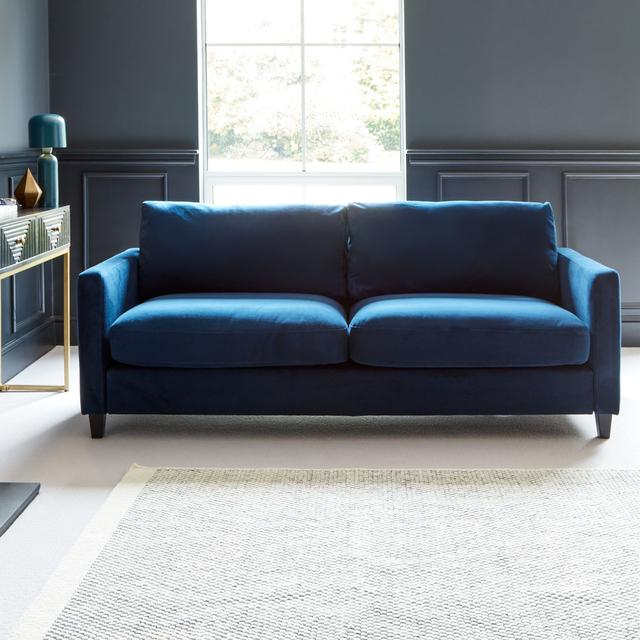 Ava 3 Seater Sofa - Light Beige Boucle with Black Oak Legs 17 Stories Upholstery Colour: Ink Blue, Leg Colour: Black Oak on Productcaster.