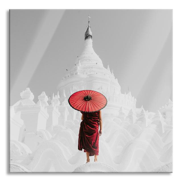 Glasbild Monk in a Red Robe in front of a White Temple Brayden Studio Größe: 80 cm H x 80 cm B x 0.4 cm T on Productcaster.