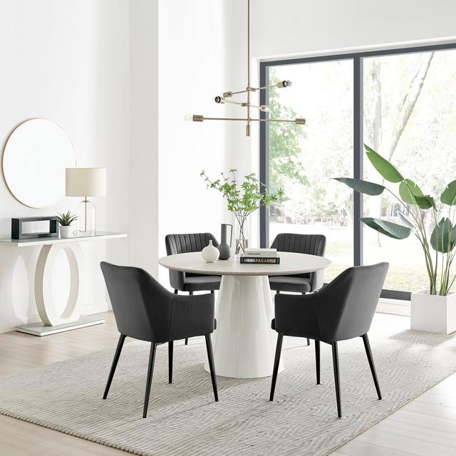 Statement 4 Person Round Dining Table Set in Luxury Beige Stone Effect - Velvet Dining Chairs Canora Grey Chair Colour: Black on Productcaster.