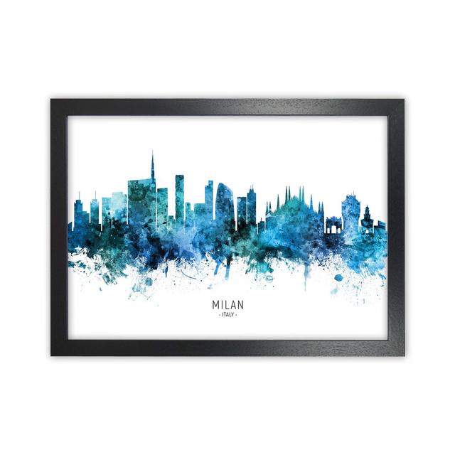 Milan Italy Skyline Blue City Name by Michael Tompsett - Print Ebern Designs Size: 46cm H x 63cm W x 3cm D, Format: Black Framed on Productcaster.