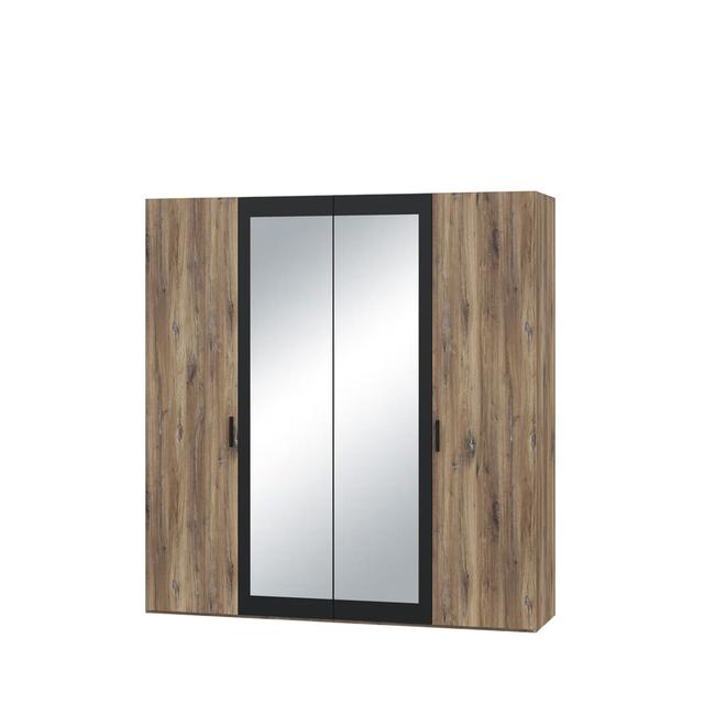 4 Door Wardrobe with mirror and shelves, Flagstaff Oak/Black, 200 cm W x 210 cm H x 54 cm D 17 Stories on Productcaster.