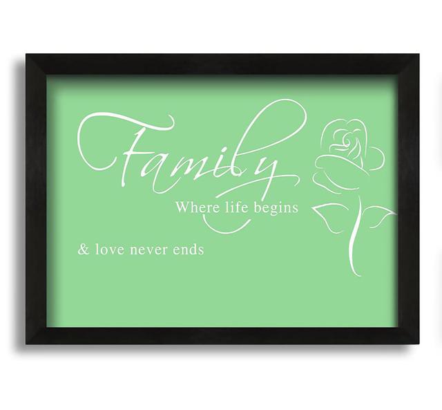 Family Quote Family Where Life Begins 1 - Single Picture Frame Art Prints Happy Larry Colour: Green, Format: Black Framed Canvas, Size: 42cm H x 60cm on Productcaster.