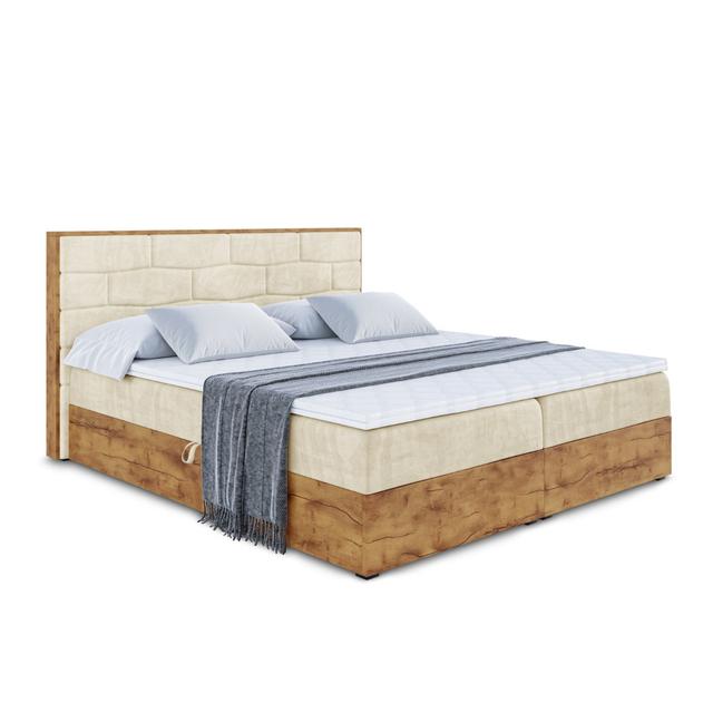 Boxspringbett in Holzoptik mit H4 Multipocket-Matratze, Bettkasten und Topper ModernMoments Größe: 104 cm H x 200 cm B x 210 cm L, Farbe: Beige on Productcaster.