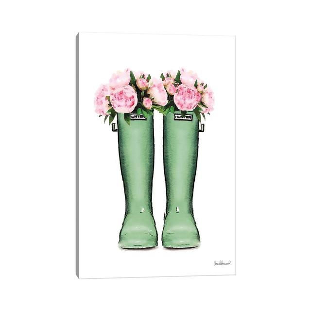 Hunter Boots In Green & Pink Peonies by Amanda Greenwood - Print on Canvas 17 Stories Format: Wrapped Canvas, Size: 101.6cm H x 66.04cm W x 1.91cm D on Productcaster.