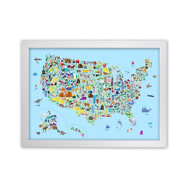 Animal Map of United States by Michael Tompsett - Graphic Art Zoomie Kids Size: 34cm H x 46cm W x 3cm D, Format: White Framed on Productcaster.