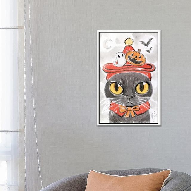 Cat - Spooky Hat - Print on Canvas The Seasonal Aisle Size: 66.04cm H x 45.72cm W x 3.81cm D, Format: White Framed on Productcaster.