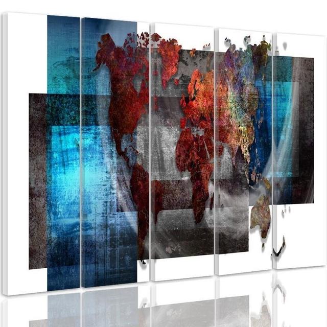 'Composition with a World Map' - 5 Piece Wrapped Canvas Graphic Art Print Set Feeby Size: 120cm H x 250cm W on Productcaster.