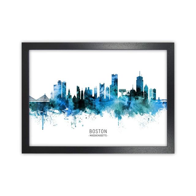 Boston Massachusetts Skyline Blue City Name by Michael Tompsett - Print Ebern Designs Format: Black Framed, Size: 34cm H x 46cm W x 3cm D on Productcaster.